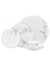 Hummingbirds twirl and buzz from flowery pink leaves to blue on the dreamy Silver Song place settings from Lenox Lifestyle. White bone china trimmed and crisscrossed in branches of platinum offers fanciful modern style. Qualifies for Rebate