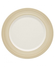 This charming porcelain accent plate features a four-ringed border. Mix and match with other Tin Can Alley Khaki pieces for a subtly varied table setting. Qualifies for Rebate