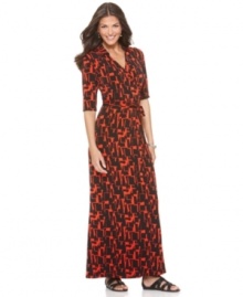 Take your look to new lengths with NY Collection's faux-wrap jersey maxi dress! The bold print was made to turn heads.