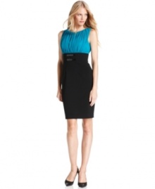 Calvin Klein dresses up this sheath with a contrasting gathered bodice and chic double-buckle detail at the waist.