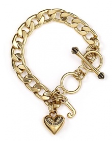 Juicy Couture mini link chain bracelet is a perfect starter bracelet. J and puff heart charm hang off a goldtone chain.