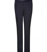 Elegant pant in fine, pure dark blue wool - Lighter weight fabric drapes beautifully - Slim, classic straight cut - Crease detail from hip to hem flatters and lengthens the leg - tab waist with belt loops - Pockets at sides, welt pockets at rear - Sleek and versatile, ideal for both work and play - Pair with a button down and blazer, or go for a more casual look with a t-shirt and cashmere pullover