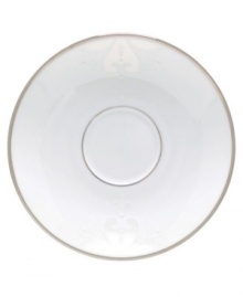 Refine your formal table with classic cream and white. Trimmed in platinum and accented with a raised dot and scroll pattern, this china dinnerware brings contemporary grace to special occasions. A pearlized finish adds subtle shimmer. Qualifies for Rebate