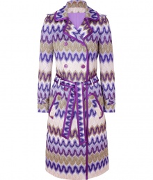 Lovely lilac and pale rose belted coat from Missoni - This trench style coat features a luxe psychedelic print thats sure to get noticed - Double breasted silhouette, button front placket, all-over print, contrasting trim, tie waist belt, front slit pockets - Wear with a sheath dress, nude fishnets, and platforms