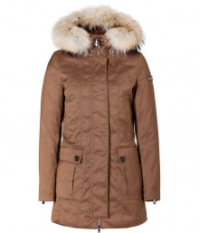 Your cold weather look just got more stylish with this luxe fitted down parka from Peuterey - Hood with raccoon fur trim, concealed zipper closure, long sleeves with zip cuffs logo detail, cargo pockets and slit pockets, water repellent - Slim fit - Wear with an elevated jeans-and-tee ensemble or a workweek-chic look