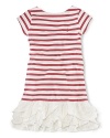 Sweet cascading ruffles adorn the hem of a striped jersey dress for girlish flair.