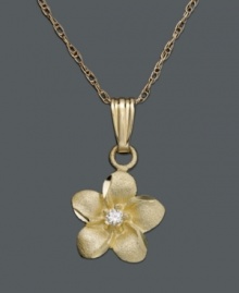 Perfect for a little princess, this intricate flower pendant features diamond accents set in 14k gold. Approximate length: 15 inches. Approximate drop: 1/2 inch.