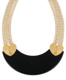 Bold and beautiful, this multi-chain bib necklace from Betsey Johnson is crafted from gold-tone mixed metal, with a black bib and gold-tone heart details. Approximate length: 21 inches + 3-inch extender. Approximate drop: 1-9/10 inches.