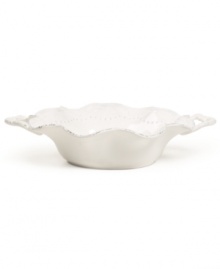 A delicate scalloped edge with distressed detail and beaded accents give the Blanc serving bowl the classic, romantic feel of Versailles Maison's charming dinnerware collection. With beautifully sculpted handles.