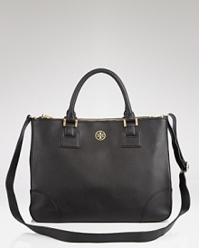 Tory Burch's leather tote updates a classic silhouette with a super-saturated shade. Shoulder the lush carryall with tweed suits or staple tees for anytime chic.