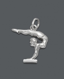 This sweet charm will have you doing flips. Rembrandt design features a gymnast doing a handstand. Crafted in sterling silver. Approximate drop: 3/4 inch.