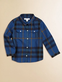 A large-scale check in crisp cotton in a sophisticated and handsome palette.Point collarLong sleevesButton-frontFront button-flap patch pocketCottonMachine washImported Please note: Number of buttons may vary depending on size ordered. 