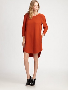 Front slit and an unexpected hi-lo hem restore this lightweight wool dress with pure silk trim. CrewneckThree-quarter sleevesFront slitHi-lo hemAbout 23 from natural waistBody: Wool; Contrast: SilkDry cleanImported of Italian fabricModel shown is 5'9 (176cm) wearing US size 4.