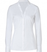 Eye-catching and alluring with a V-neckline and deep-set button-down front, Hugos straight blouse is a smart choice for setting the foundation of workweek looks - Small collar, V-neckline, long sleeves, button-down front, shaping darts - Figure-hugging silhouette - Wear with practically anything for a clean, tailored look