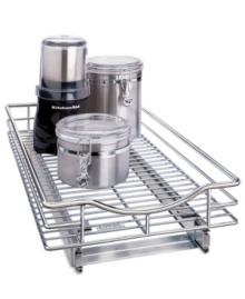 The ultimate organizer, this sleek rig turns any ordinary kitchen cabinet into a handy pullout cupboard. Never again will you strain to reach what you need (tm) the smooth gliding design brings the supplies to you.