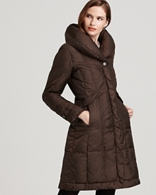 Warmth and comfort combine in this contoured down coat with a plush pillow collar from Cole Haan.