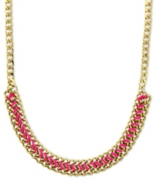 Grace your neck with colorful chic. Vince Camuto's chain necklace flaunts a bright pink cord intertwined in the links. Finished with a lobster clasp closure. Crafted in gold tone mixed metal. Approximate length: 18 inches.