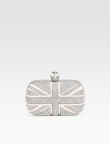 A two-tone, suede Union Jack design encrusted in chic studs and accented with an iconic skull closure.Top clasp closureLeather lining6W X 3¾H X 1¾DMade in Italy