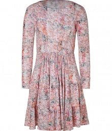 Classically feminine and undeniably chic, this Saloni printed dress elevates your day or night look - Bateau neck, long sleeves, fitted bodice, fill skirt with pleated details, all-over shibori print - Style with fishnets, a boyfriend blazer, and platforms