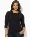 Cut in a relaxed, feminine silhouette, Lauren Ralph Lauren's supremely soft ribbed cotton plus size top is finished with faux-suede patches and stitching at the shoulders for a chic, rustic vibe.