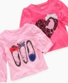 So Jenni designs a long sleeved T-shirt with a glitter graphic of things dear to any little girl's heart-ballerina flats, hearts, bows, baby birds-than tops each tee with a lace yoke and three-dimensional detailing.