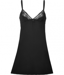 Stylish camisole slip dress made ​.​.of fine, black synthetic stretch - Elegant lace insert at the d?collet? - Slim spaghetti straps - The dress falls loose in an A-line, yet fits snug - Stylish and sexy at the same time, also wonderfully comfortable thanks to the stretch content - Combine with the matching briefs