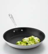 Fry, sauté and sear your creations to delicious perfection in this professional-quality nonstick fry pan. 3-ply bonded construction consists of brushed aluminum exterior, a pure aluminum core that extends up the sides for even heat distribution, and an easy-to-clean layer of durable, scratch-resistant nonstick. Brushed stainless steel handle stays cool to the touch. Hand washing recommended. Manufacturer's limited lifetime warranty.