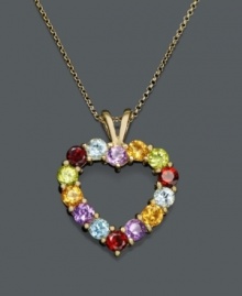 Boldly show your love. This multicolor open-heart pendant by Victoria Townsend features vivid round-cut gemstones in amethyst (3/4 ct. t.w.), blue topaz (7/8 ct. t.w.), citrine (3/4 ct. t.w.), garnet (7/8 ct. t.w.), and peridot (3/8 ct. t.w.). Necklace crafted in 18k gold over sterling silver. Approximate length: 18 inches. Approximate drop: 1-1/8 inches.