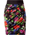 Stylish skirt in fine, multicolor cotton stretch blend - Vibrant, all-over floral motif - Classic slim cut, hits above the knee - Chic, asymmetric drape detail creates a sophisticated, flattering silhouette - Contrast banded waist, zips at side - Modern and elegant, a go-to for cocktails and parties - Pair with a silk button down blouse and peep toe pumps or ankle booties