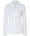 Eye-catching and alluring with a V-neckline and deep-set button-down front, Hugos straight blouse is a smart choice for setting the foundation of workweek looks - Small collar, V-neckline, long sleeves, button-down front, shaping darts - Figure-hugging silhouette - Wear with practically anything for a clean, tailored look