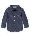 A classic button-down shirt in perennial chambray denim from Pearls & Popcorn.