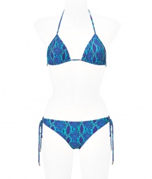 This teeny bikini is perfect for a sexy summer wardrobe - Made of blue stretch synthetic fiber in a python-inspired print - Classic triangle top ties at back and neck - Narrow bottoms feature side ties - A glamorous look for the beach or pool on your next vacation when paired with sheer caftan dress and leather thongs