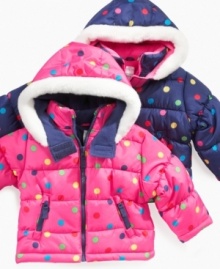 This adorable faux fur hooded puffer by Carter's is covered in fun vibrant polka dots sure to make her stand-out in the snow.