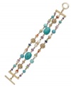 Glass pearls and reconstituted turquoise beads add an elegant finish to this three-row bracelet from Lauren Ralph Lauren. Ring and toggle closure. Crafted in 14k gold-plated mixed metal. Approximate length: 7-1/2 inches.