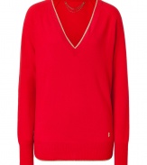 Classic meets contemporary-cool in Juicy Coutures super soft metallic-trimmed red V-neck cashmere pullover - V-neckline, long sleeves, embroidered logo, fine ribbed trim - Style with favorite skinnies, leggings, mini-skirts or cords