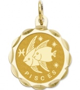 Tell everyone your sign in style! This scalloped and polished disc charm features the Pisces Zodiac in 14k gold. Chain not included. Approximate length: 9/10 inch. Approximate width: 3/5 inch.