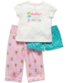 Your princess will feel safe and loved when she's tucked into bed in this cozy jersey tee, shorts and pajama pants set from Carter's