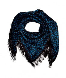 Add a celestially-inspired accent to any ensemble with Steffen Schrauts chic black and blue silk foulard - Stylish star print and elegant black fringe trim - Perennially cool triangular style ideal for knotting or draping at the neck - Pair with everything from a t-shirt and leather jacket or a cashmere pullover to a solid knit dress and blazer