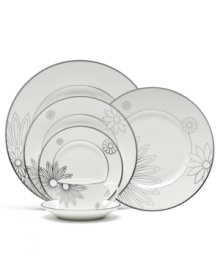 A fresh update for your formal table, this modern dinner plate from the Martha Stewart Collection is in bloom with polished platinum daisies. An array of flowers sprouts from the edge of the bright white dish, interrupting classic banding at the inner and outer rim.