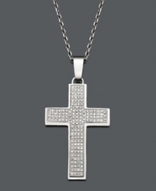 A stately way to show your faith. This simple men's cross pendant features a stainless steel setting and chain accented by round-cut diamonds (1/2 ct. t.w.). Approximate length: 22 inches. Approximate drop width: 7/8 inch. Approximate drop length: 1-1/8 inches.