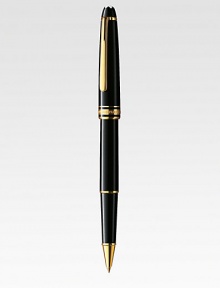 Rollerball tip, accented with gold-plated clip and rings and finished with barrel and cap made of precious black resin.RollerballGold-plated clipResin with inlaid logo emblemAbout 5¾ longMade in Germany