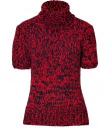 Give your luxe knitwear collection a kick of radiant color with Michael Kors black and red marled stretch wool pullover - Turtleneck, short sleeves, ribbed trim, slim fit - Pair with jet black separates and sleek ankle boots