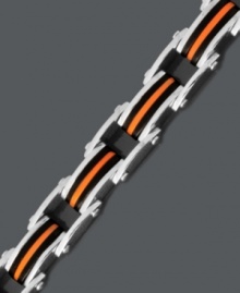 Take your look to the edge with this sporty bike chain bracelet. Crafted in stainless steel with bright orange and black rubber accents. Approximate length: 8-1/2 inches.