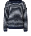 Incredibly soft in silk, Theyskens Theorys textural striped pullover is a cool choice for laid-back looks - Wide neckline, long sleeves, dropped shoulders, navy ribbed trim - Loose fit - Wear with leather leggings and edgy ankle boots