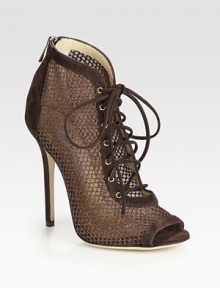 Lace-up suede style with a back zipper, peep toe and glittery mesh sides. Self-covered heel, 5 (125mm)Suede and glitter-coated mesh upperBack zipperLeather lining and solePadded insoleMade in Italy