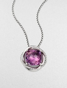 From the Infinity Collection. A beautiful, faceted amethyst stone set in sleek sterling silver on a box link chain. AmethystSterling sterlingLength, about 18Pendant size, about .55 Lobster clasp closureImported 