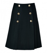 Classic looks get a contemporary-chic update with By Malene Birgers buttoned A-lined sailor skirt - Pleated front with flat gold-toned buttons, side slit pockets, pleated back, hidden back zip - Fitted A-line silhouette - Team with preppy tops and colorful accessories