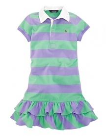 The classic striped cotton jersey rugby shirt inspired a comfortable dress finished with a pretty ruffled hem.