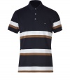 Inject an urbane edge into modern preppy looks with Marc by Marc Jacobs bold striped black multi polo - Classic collar, short sleeves, embroidered M.J. initials at chest, partial button placket, slit sides - Slim fit - Wear with slim jeans, a cardigan and leather lace-ups