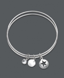 Be charmed by this adorable Studio Silver style. Two sterling silver bangles are held together by three, unique charms including a cut-out star, a simple circle, and a round glass accent. Approximate diameter: 2-1/2 inches.